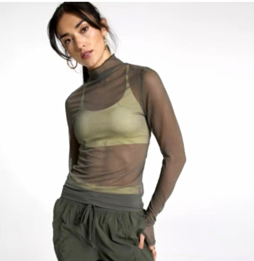 NWT CALIA Green Sheer Stretch Mesh Mock Neck Long Sleeve Thumbhole Top S